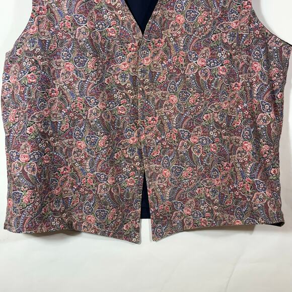 Vintage Pink Rose Vest Floral Print Navy Blue Open Plus Size Handmade Cottage - Picture 4 of 10